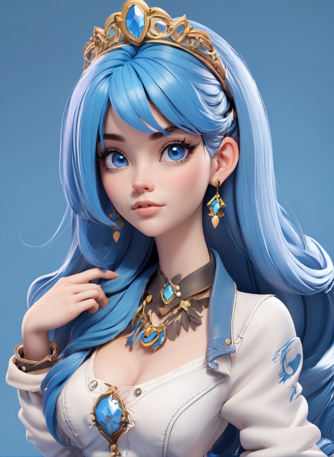 <lora:3d_toon_xl:1> 3d toon style, 1girl, solo, long hair, jewelry, earrings, jacket, pants, blue hair, blue eyes, denim, breasts, very long hair, tiara, looking at viewer, hairband, blue background, shirt, necklace, open clothes, lips, cowboy shot, bangs
