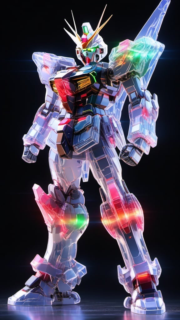 Gundam, solo, green_eyes, standing, no_humans, glowing, robot, mecha, glowing_eyes, clenched_hands, science_fiction, v-fin, mobile_suit,photo,8k,intricate,highly detailed,majestic,digital photography,broken glass,(masterpiece, sidelighting, finely detailed beautiful eyes:1.2),hdr,realistic,high definition,<lora:SDXL_gundam_Transparent:0.7>,