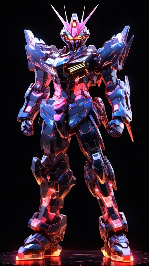 Gundam, solo, looking_at_viewer, standing, no_humans, glowing, robot, black_background, mecha, glowing_eyes, clenched_hands, science_fiction, straight-on, v-fin,photo,8k,intricate,highly detailed,majestic,digital photography,broken glass,(masterpiece, sidelighting, finely detailed beautiful eyes:1.2),hdr,realistic,high definition,<lora:SDXL_gundam_Transparent:0.7>,