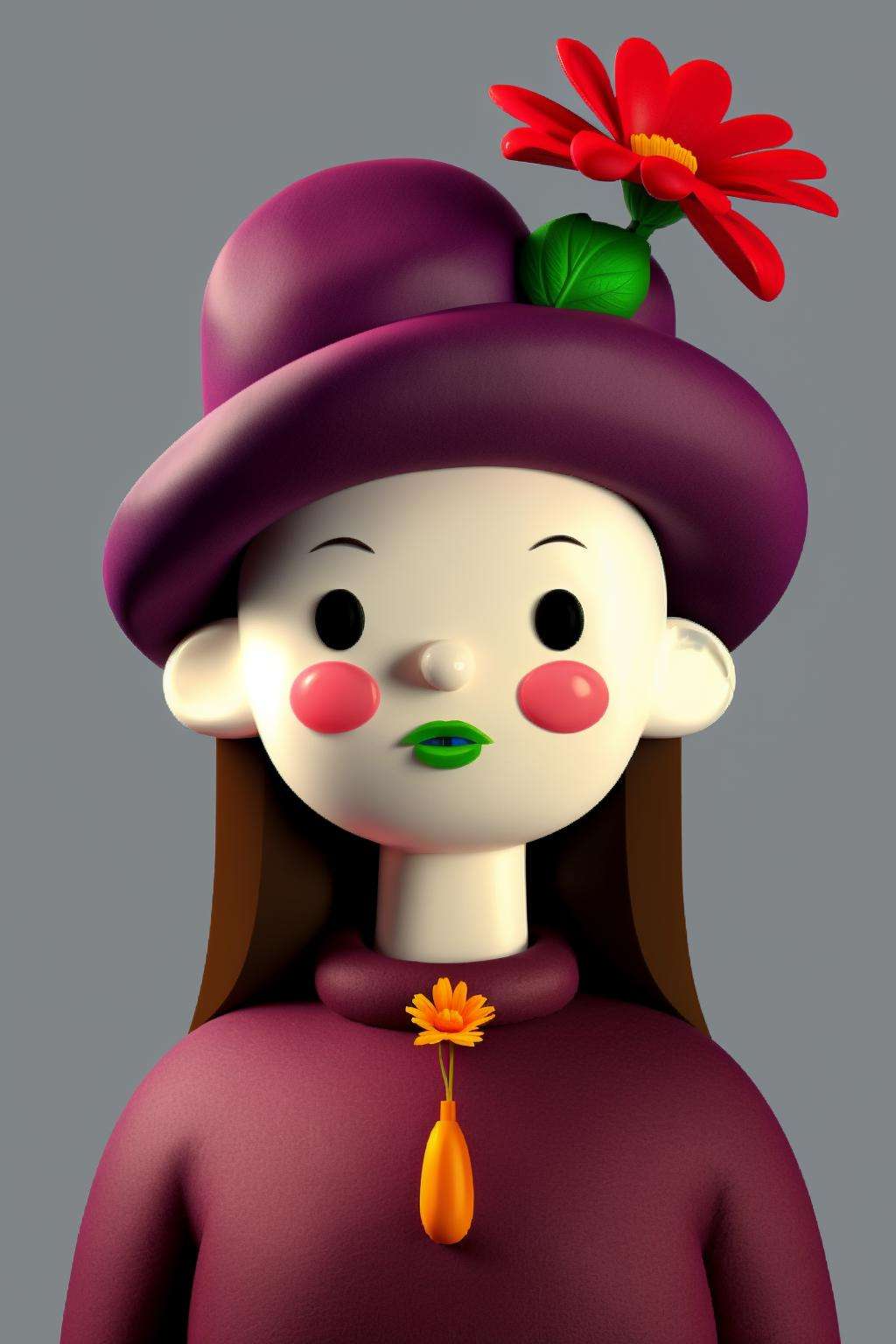 a woman with a hat and a flower on her head ,  toy_face