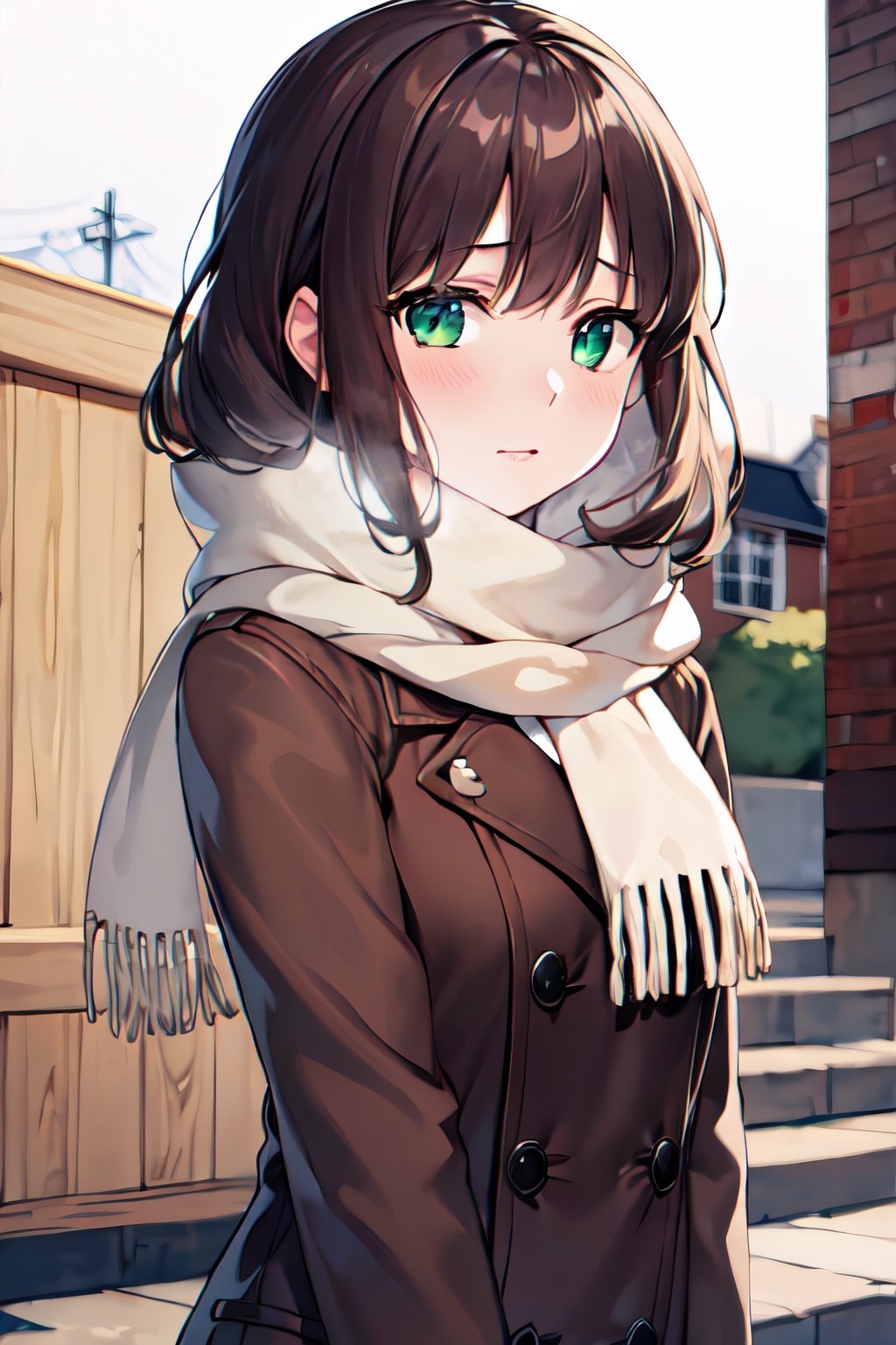 masterpiece, best quality, highres, 1girl, asseylum, green eyes, brown hair, scarf