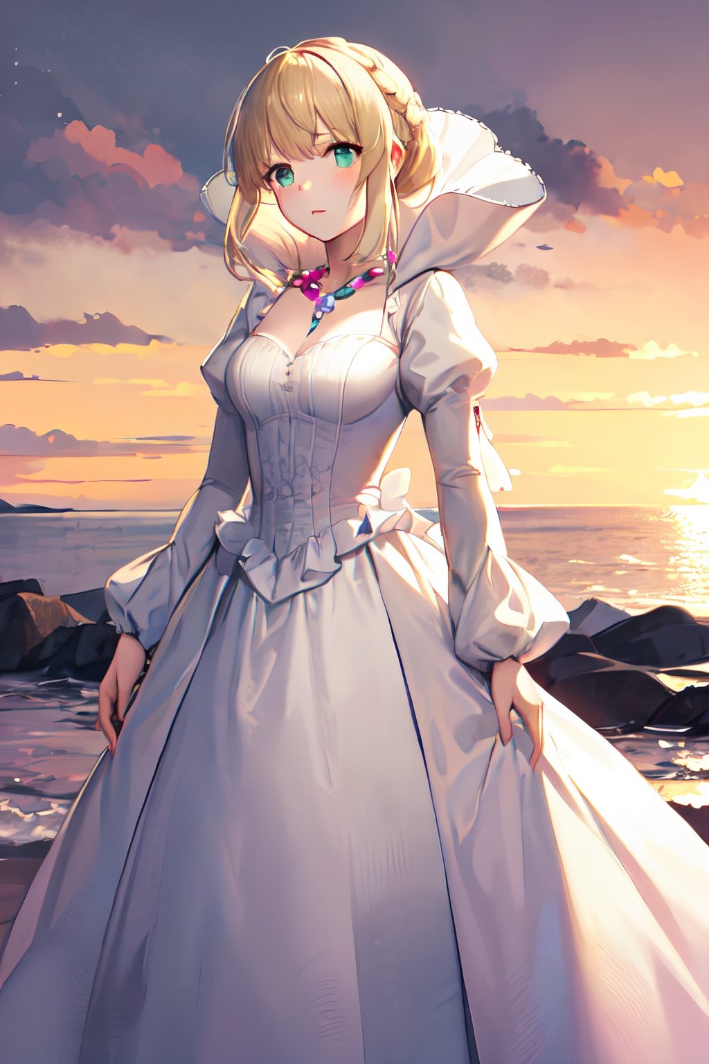 masterpiece, best quality, highres, 1girl, asseylum, green eyes, blonde hair,  white dress, jewelery, standing