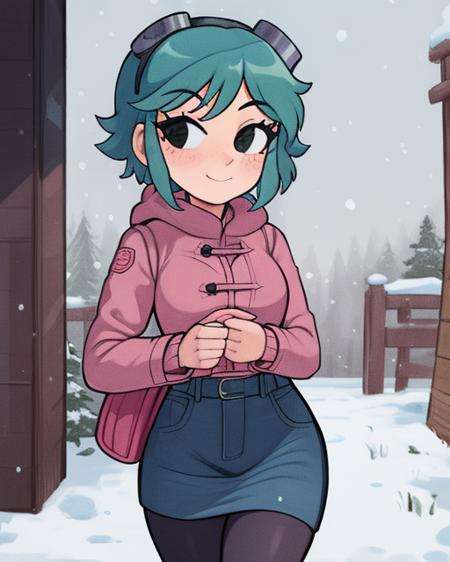 masterpiece, best quality, 1girl, solo, (chibi:0.7), closed mouth, smile, looking at viewer, <lora:thickerLinesAnimeStyle_loraVersion:1> scottpilgrimvstheworld, <lora:scottpilgrimvstheworld:0.9>,  denim skirt, pink pantyhose, wintercoat, black camisole, ramona flowers, snowing, snow, <lora:ramona_flowers_v2:1>