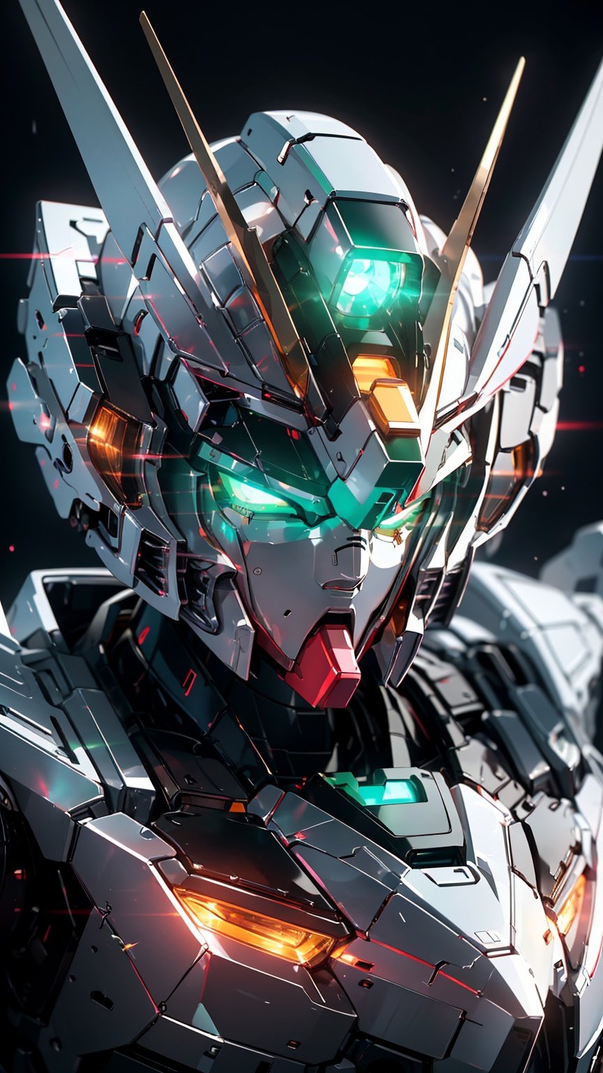 Gundam,solo,looking_at_viewer,green_eyes,no_humans,glowing,robot,portrait,mecha,glowing_eyes,science_fiction,straight-on,v-fin,mobile_suit,cinematic lighting,strong contrast,high level of detail,Best quality,masterpiece,White background,<lora:gundam_Transparent:0.7>,