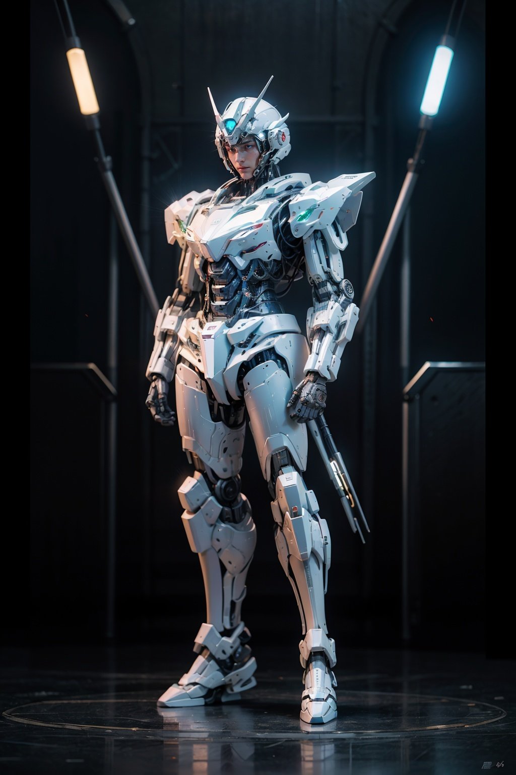 1girl,solo,full body,Gundam,blue_eyes,standing,no_humans,glowing,robot,mecha,clenched_hands,science_fiction,v-fin,mobile_suit,cinematic lighting,strong contrast,high level of detail,Best quality,masterpiece,White background,<lora:gundam_Transparent:0.4>,