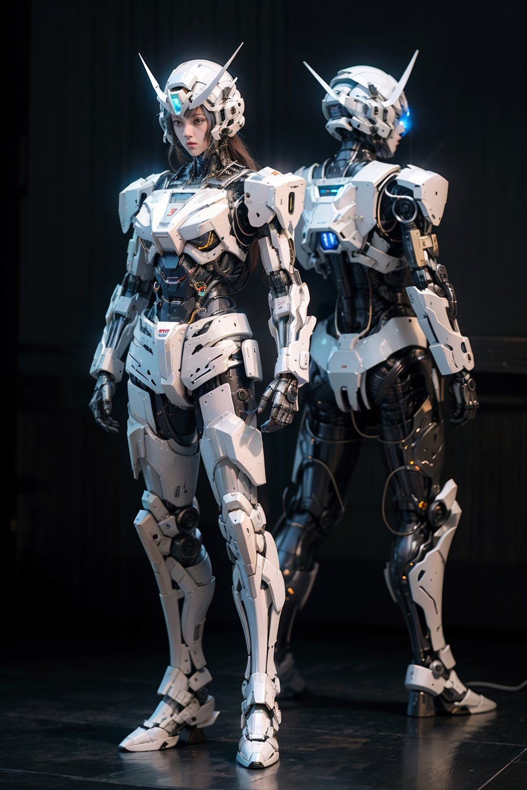 1girl,solo,full body,Gundam,blue_eyes,standing,no_humans,glowing,robot,mecha,clenched_hands,science_fiction,v-fin,mobile_suit,cinematic lighting,strong contrast,high level of detail,Best quality,masterpiece,White background,<lora:gundam_Transparent:0.4>,