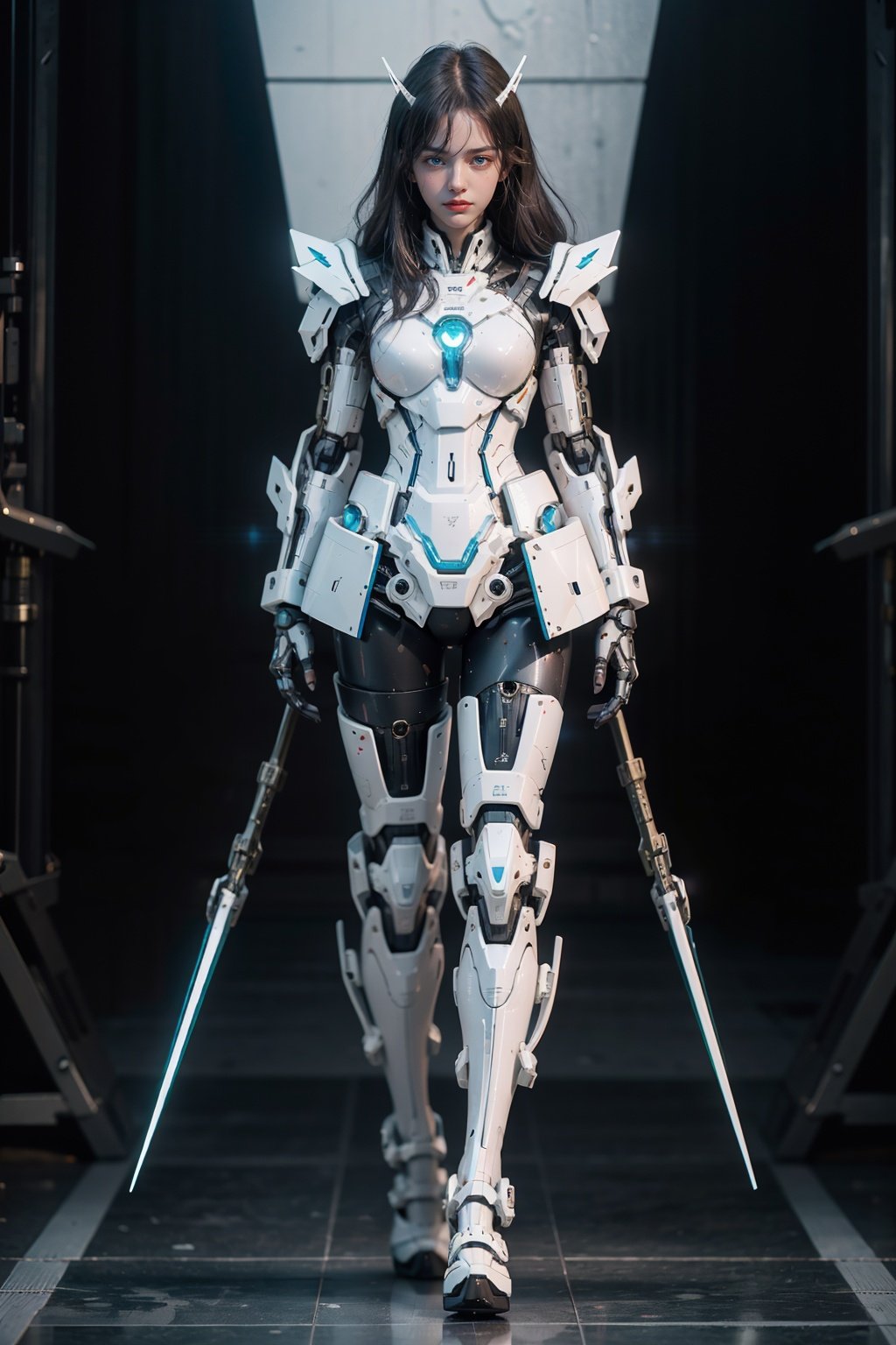 1girl,solo,full body,Gundam,blue_eyes,standing,no_humans,glowing,robot,mecha,clenched_hands,science_fiction,v-fin,mobile_suit,cinematic lighting,strong contrast,high level of detail,Best quality,masterpiece,White background,<lora:gundam_Transparent:0.4>,