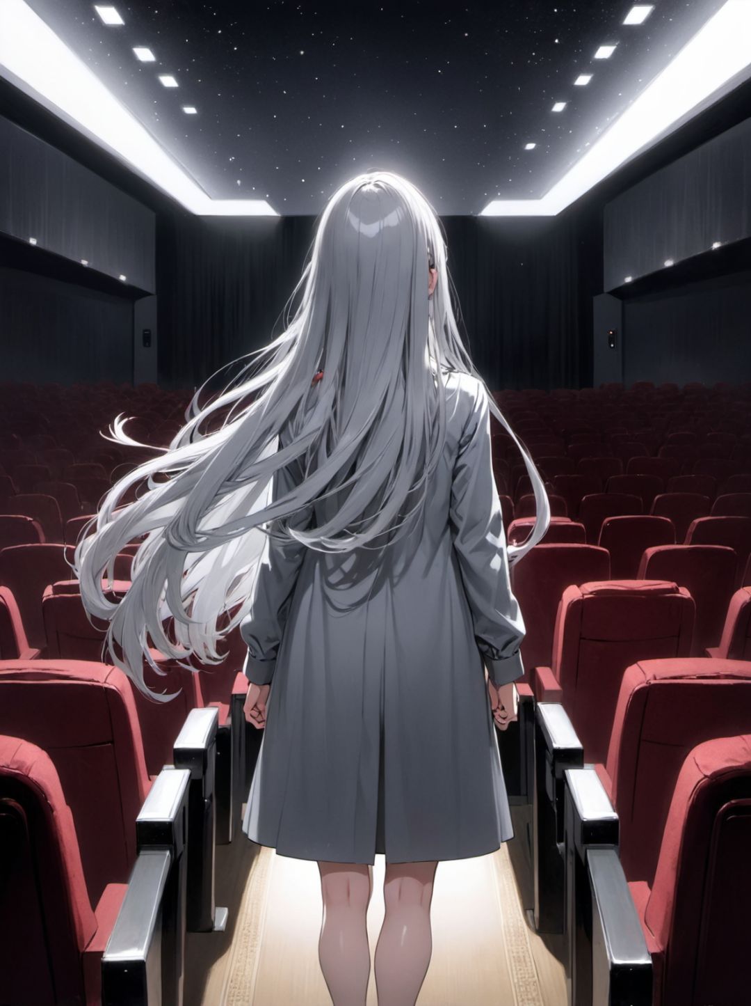 1girl, solo,  closed, silver, absurdly long, single hair, hair, movie theatre,standing