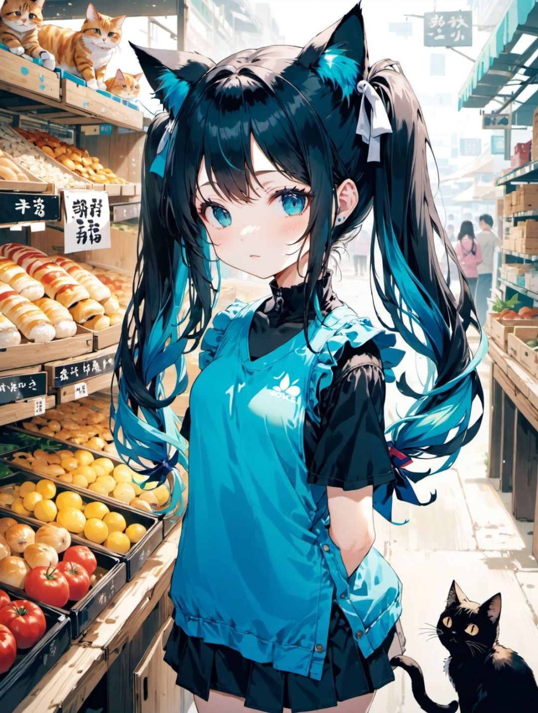 1girl, solo,  cat, split-color, long, twintails hair, hair, market