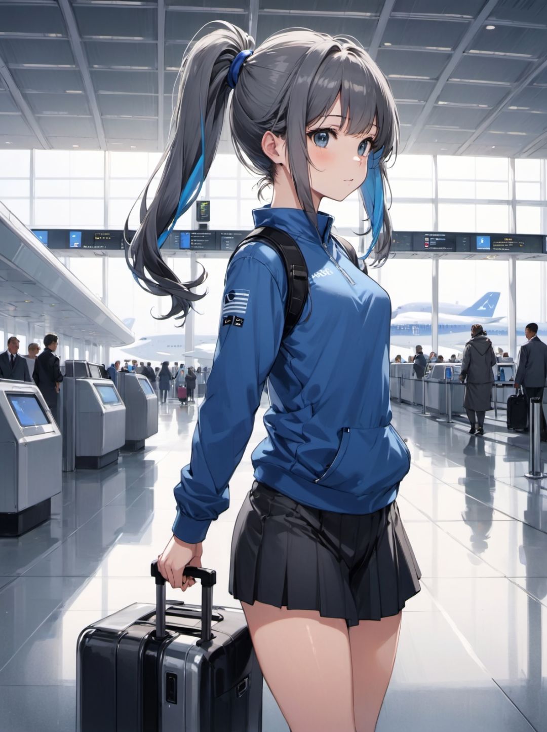 1girl, solo,  gray, blue black, medium, side ponytail hair, hair, airport terminal,full body