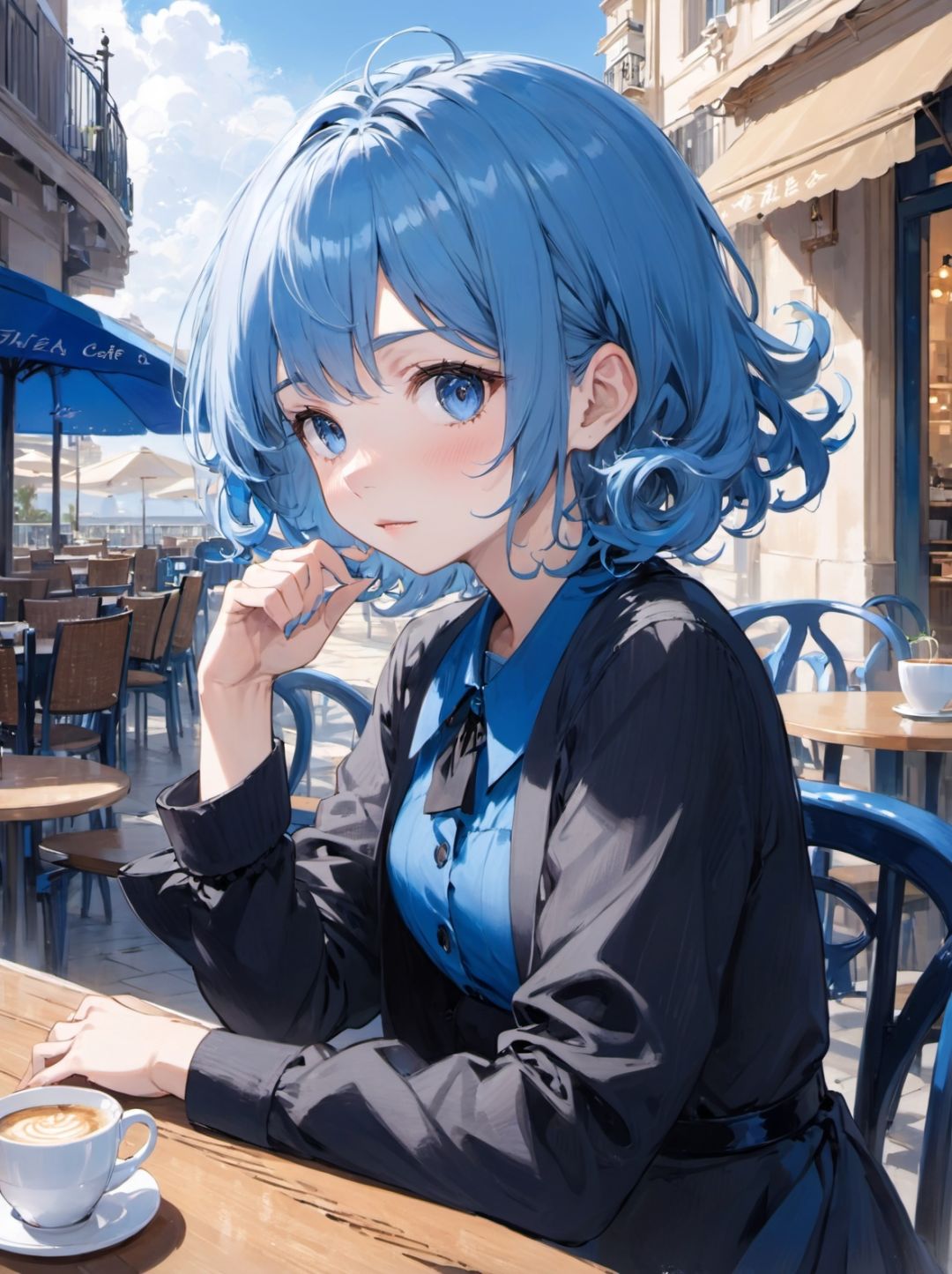 1girl, solo,  blue, jet, very short, lightly curled inwards hair, hair, cafe terrace,looking away