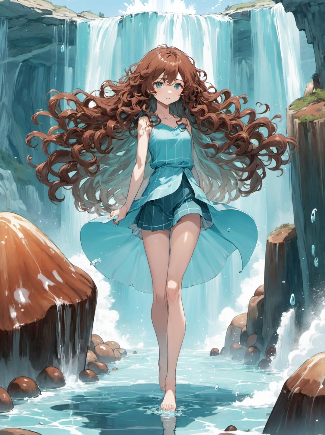 1girl, solo,  aquamarine, chestnut, very long, curly hair, hair, geyser,full body