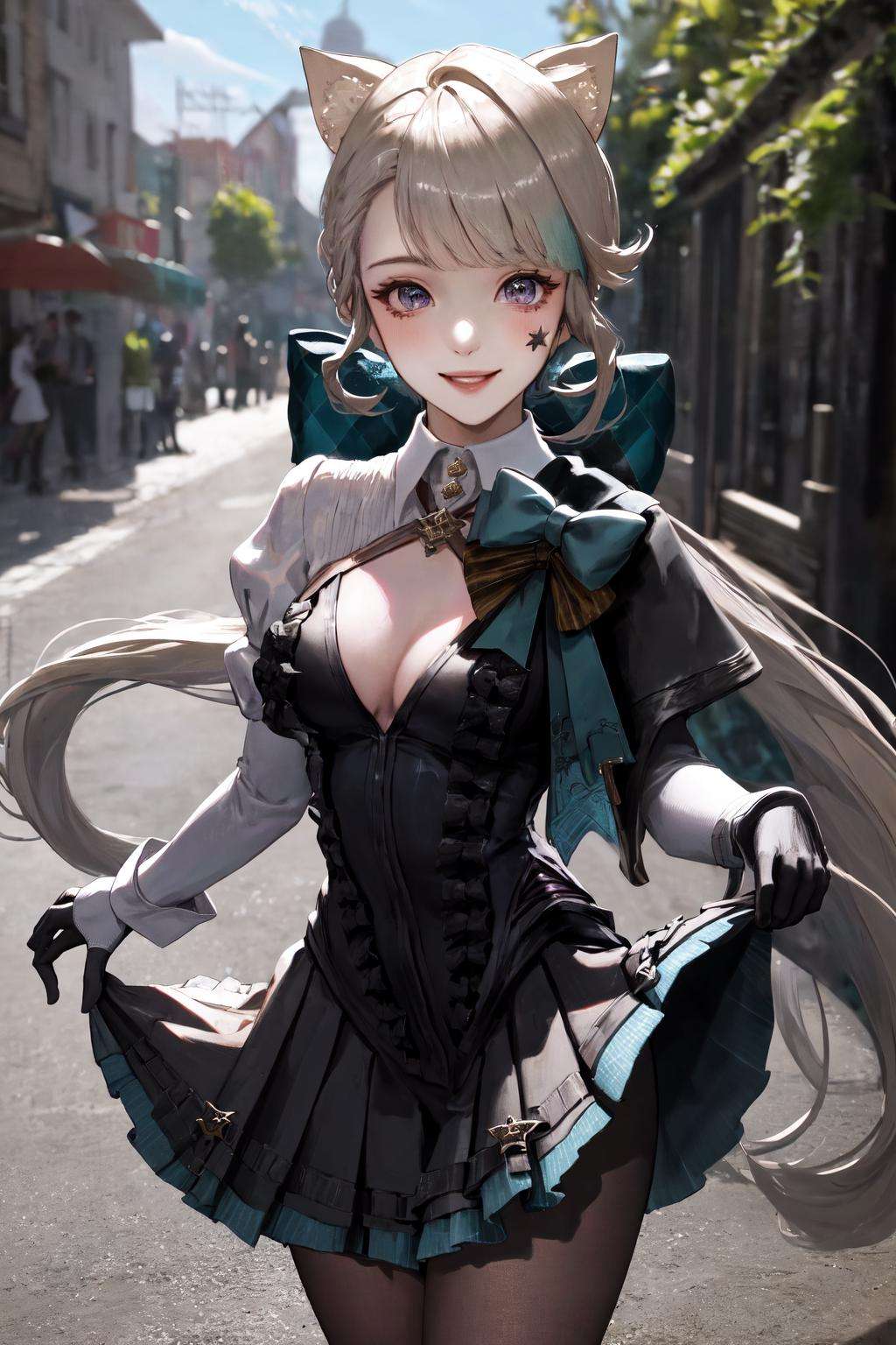 masterpiece, best quality, highres, 1girl star \(symbol\), bow bowtie clothing cutout puffy sleeves white shirt gloves cat tail black dress black skirt black pantyhose <lora:lynette:1> looking at viewer, smile, outdoors, skirt lift, skirt hold