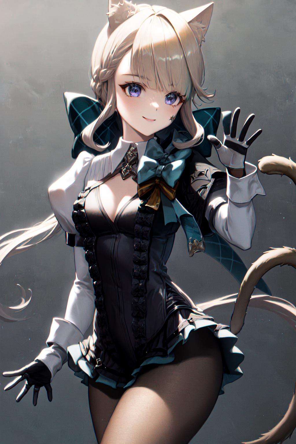 masterpiece, best quality, highres, 1girl star \(symbol\), bow bowtie clothing cutout puffy sleeves white shirt gloves cat tail black dress black skirt black pantyhose <lora:lynette:1> smile, waving