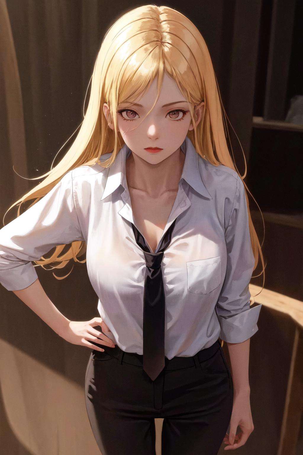 masterpiece, best quality, highres, 1girl <lora:bishamonten_no_outfit:1> white shirt, loose necktie, collarbone, black pants, standing