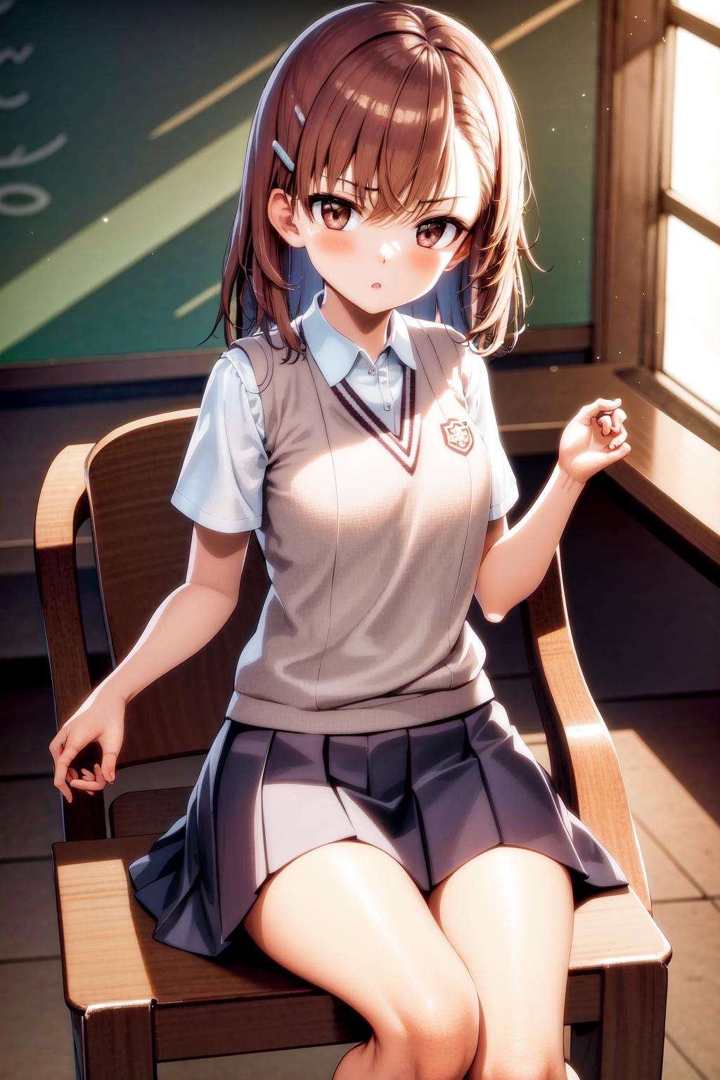 masterpiece, best quality, highres, 1girl hairclip, tokiwadai school uniform <lora:misaka_mikoto:1> sitting on chair