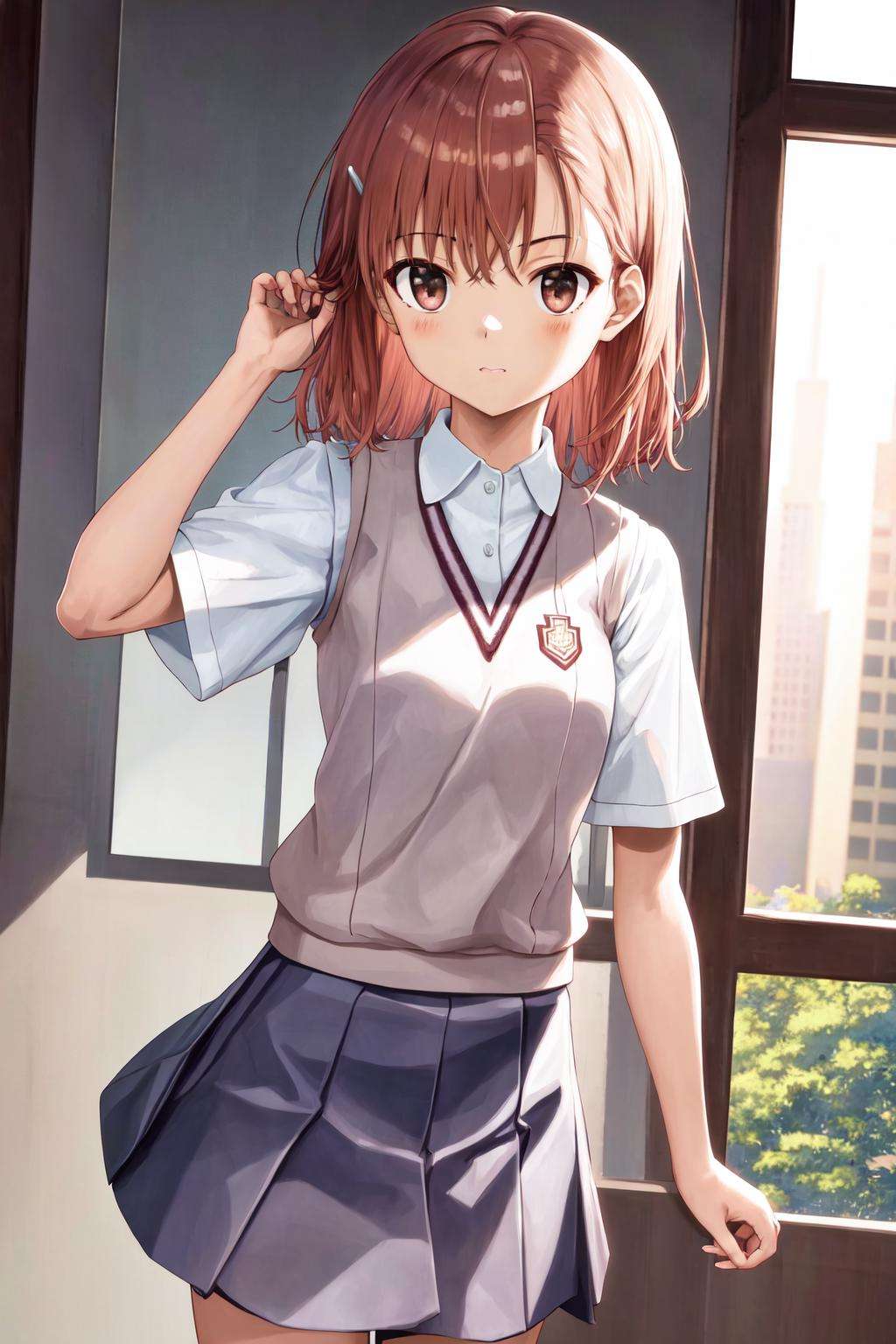 masterpiece, best quality, highres, 1girl hairclip <lora:misaka_mikoto:1> tokiwadai school uniform