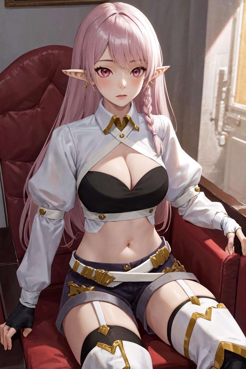 masterpiece, best quality, highres, 1girl pointy ears, crop top cleavage cutout long sleeves white jacket black gloves fingerless gloves belt blue shorts black thighhighs white boots <lora:luna_heela:1> sitting on chair