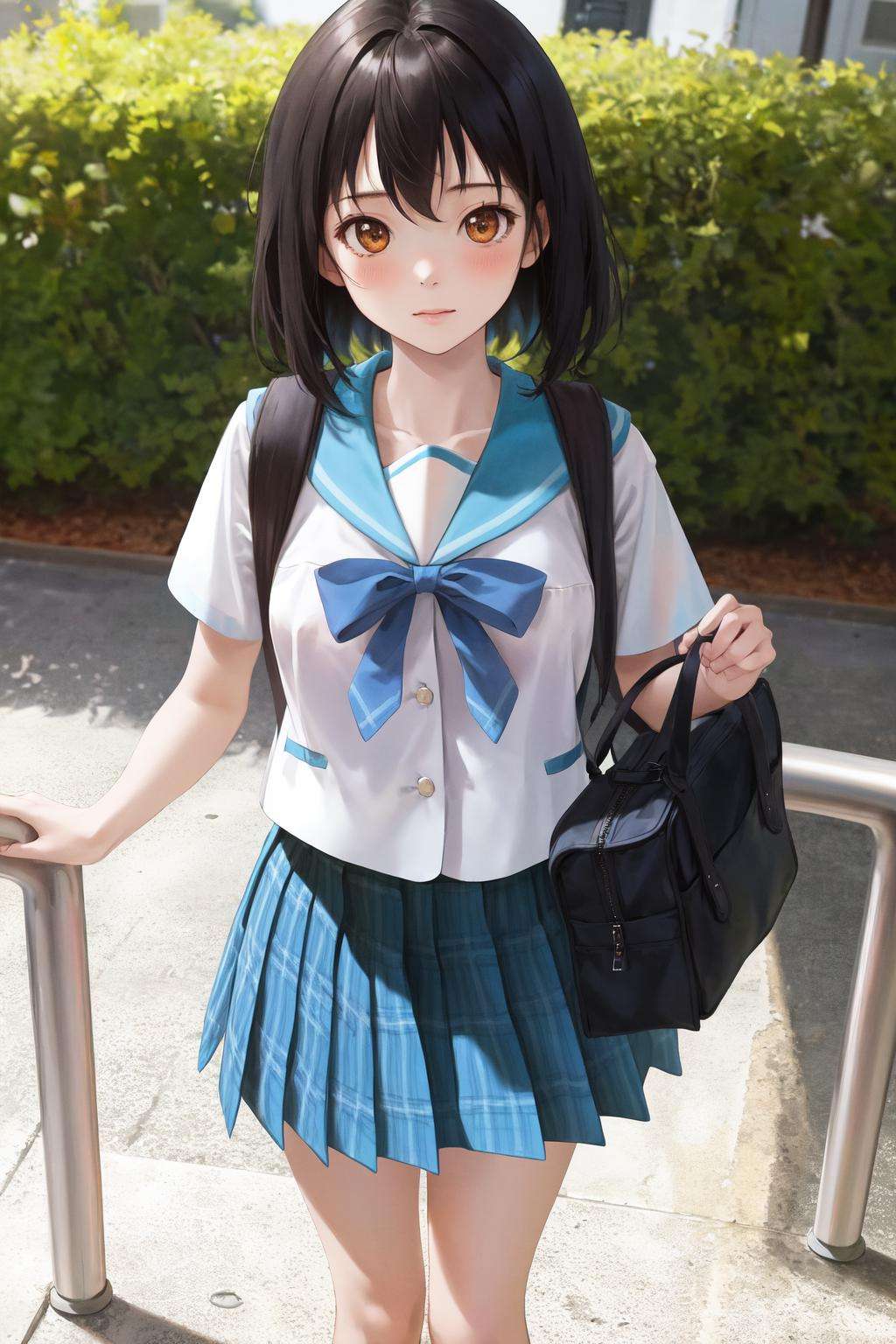 masterpiece, best quality, highres, 1girl yukina himeragi short hair, serafuku blue bow blue skirt plaid skirt <lora:yukina_himeragi:1> standing, school bag, outdoors