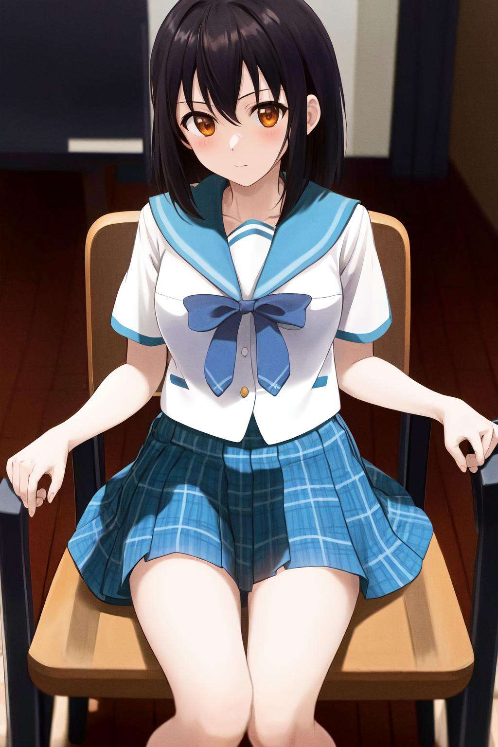 masterpiece, best quality, highres, 1girl yukina himeragi short hair, serafuku blue bow blue skirt plaid skirt <lora:yukina_himeragi:1> sitting on chair