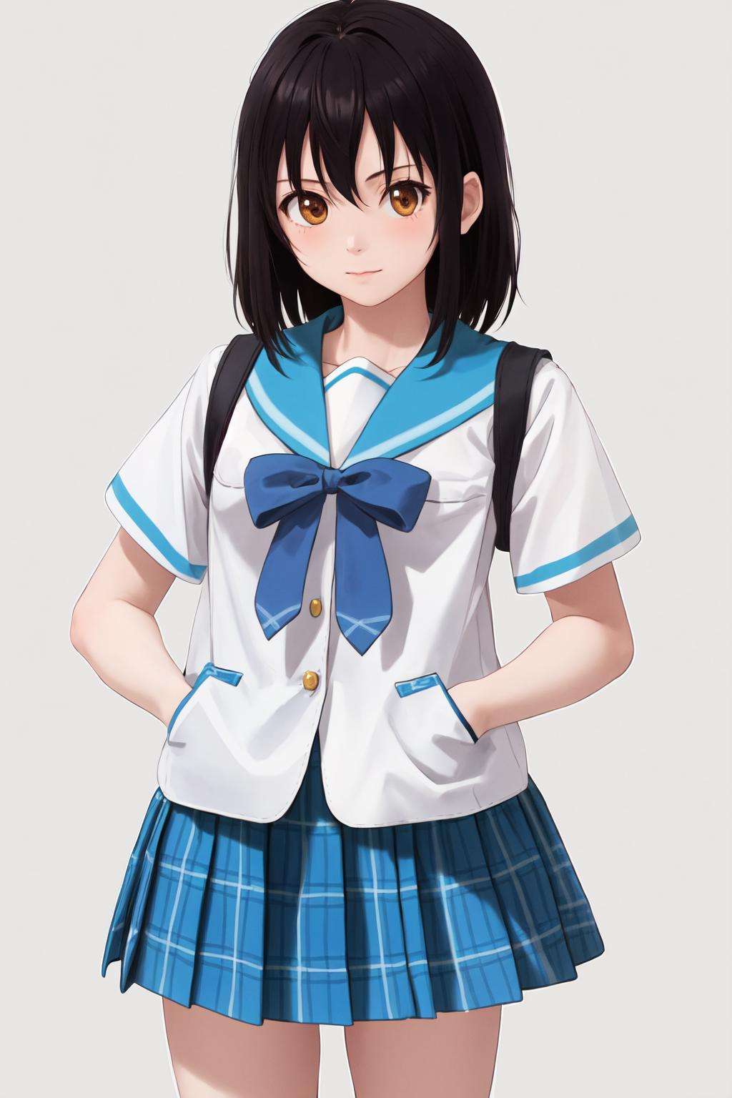 masterpiece, best quality, highres, 1girl yukina himeragi short hair, serafuku blue bow blue skirt plaid skirt <lora:yukina_himeragi:1> standing, hands in pockets