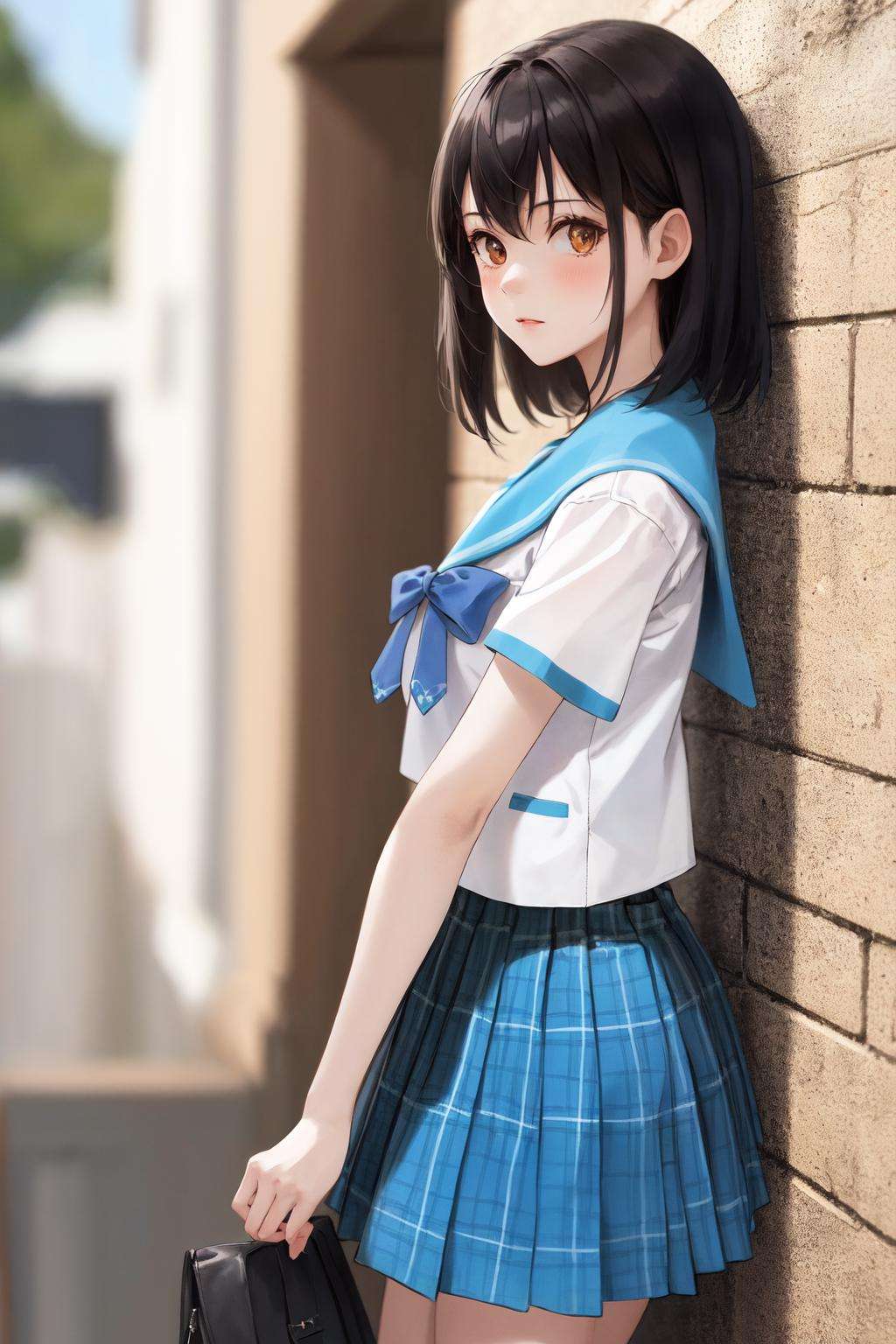 masterpiece, best quality, highres, 1girl yukina himeragi short hair, serafuku blue bow blue skirt plaid skirt <lora:yukina_himeragi:1> standing, from side, against wall, looking at viewer