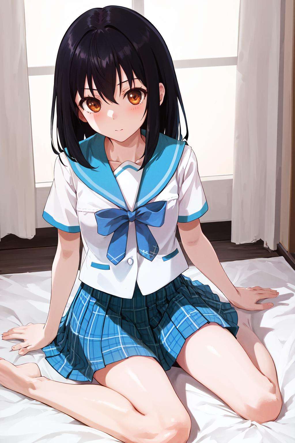 masterpiece, best quality, highres, 1girl yukina himeragi short hair, serafuku blue bow blue skirt plaid skirt <lora:yukina_himeragi:1> sitting, wariza, arm support