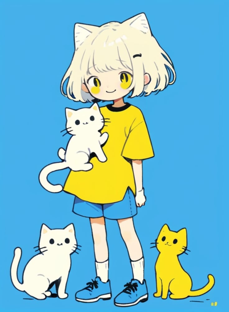 cute comic, 1girl, shirt, yellow shirt, shoes, yellow background, white hair, solo, short sleeves, blue footwear, short hair, simple background, cat, smile, holding, socks, standing, full body, looking at viewer, white cat, white socks, bangs, signature, holding animal, black eyes, blush, holding cat <lora:sdxl_cute_social_comic-000003:0.65>