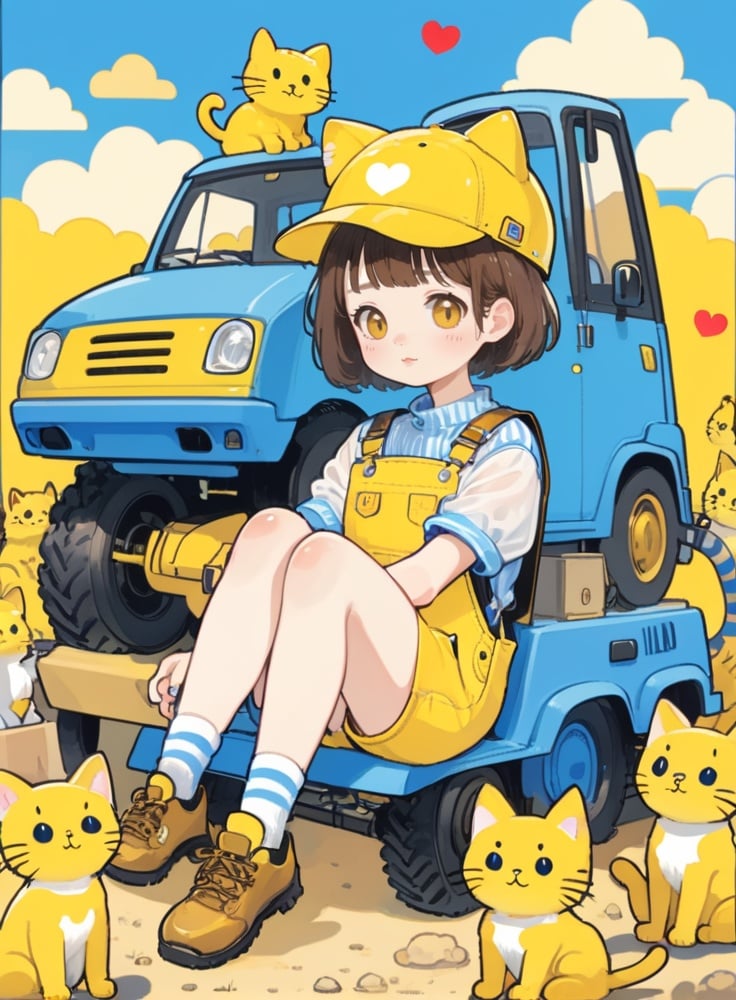 cute comic, 1girl, motor vehicle, cat, hat, yellow background, ground vehicle, overalls, solo, sitting, shoes, blue headwear, short hair, animal hat, yellow footwear, socks, brown hair, heart, blue footwear, black eyes, blush stickers, bangs, no nose, blush <lora:sdxl_cute_social_comic-000002:0.65>