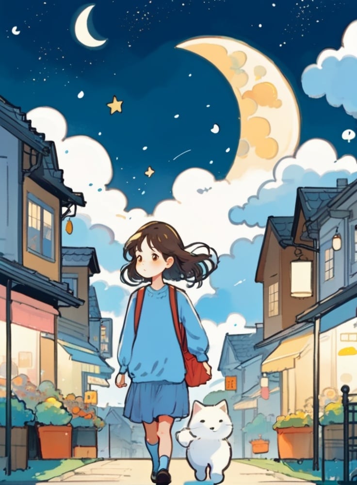 cute comic, 1girl, walking, cloud, moon <lora:sdxl_cute_social_comic-000003:0.65>