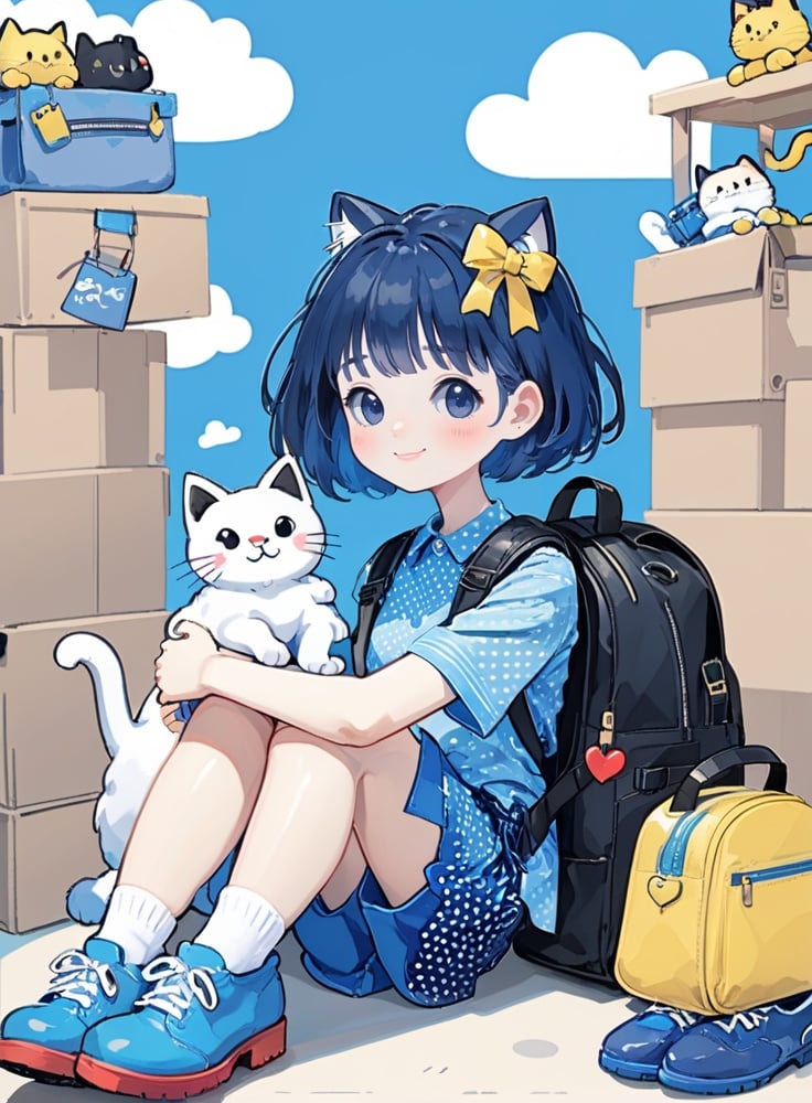 cute comic, 1girl, cat, shoes, smile, blue footwear, solo, sitting, short hair, socks, blue hair, shirt, cloud, polka dot, looking at viewer, short sleeves, bangs, bow, blue background, striped, blush, blue shirt, bag, heart, hair bow, backpack, animal, shorts, black eyes, black shorts <lora:sdxl_cute_social_comic-000002:0.65>