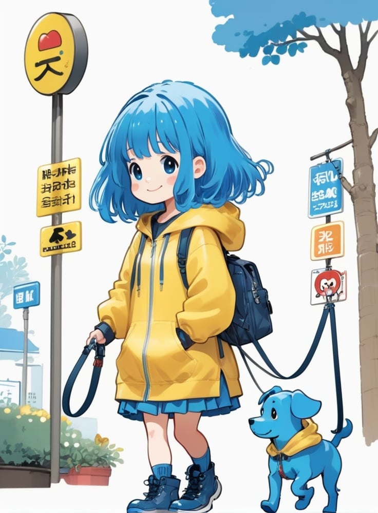 cute comic, 1girl, leash, dog, smile, blue hair, boots, holding leash, blue footwear, hoodie, hood, simple background, holding, solo, walking, hood down, medium hair, white background, full body, blush stickers, drawstring, long sleeves, blue hoodie, skirt, animal, blush, bangs <lora:sdxl_cute_social_comic-000002:0.65>