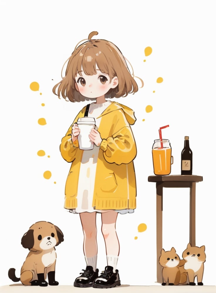 cute comic, 1girl, solo, holding, shoes, socks, long sleeves, short hair, white background, simple background, cup, bangs, blush stickers, standing, holding cup, full body, black footwear, looking at viewer, drinking straw, white socks, puffy long sleeves, brown hair, drink, holding drink, no nose, puffy sleeves, shadow, black eyes, expressionless, blunt bangs, dress, light brown hair <lora:sdxl_cute_social_comic-000002:0.65>