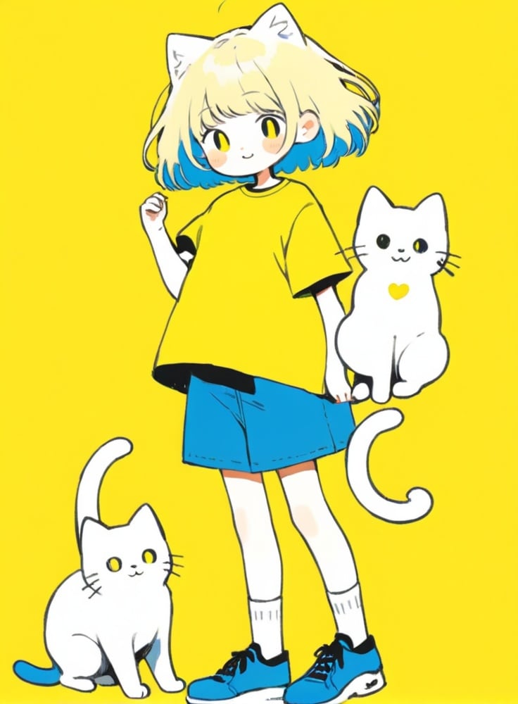 cute comic, 1girl, shirt, yellow shirt, shoes, yellow background, white hair, solo, short sleeves, blue footwear, short hair, simple background, cat, smile, holding, socks, standing, full body, looking at viewer, white cat, white socks, bangs, signature, holding animal, black eyes, blush, holding cat <lora:sdxl_cute_social_comic-000003:0.65>