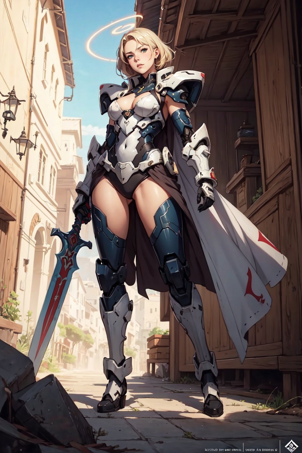 Personaje de anime con espada y halo sosteniendo una espada, Cushart Krenz Key Art Femenino, por Krenz Cushart, mecha hembra, Ferra mecha blanco, Chica Valquiria mecanizada, inspirado por Krenz Cushart, Chica en armadura cibernética mecha, Armadura blanca y roja, Krenz Cushart y Artem Demura