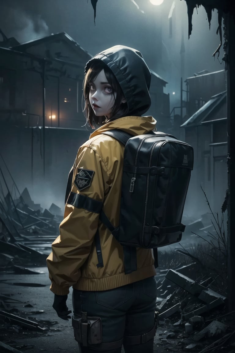 Ruined city, nuclear power plant, (creepy atmosphere:1.32), single_girl, standing with (her back to the viewer:1.0), head looking at the viewer, (dark atmosphere:1.32), yellow jacket with a hood, hood behind her head, hunting backpack, radiation fund, 8k, UHD, HDR,(Masterpiece:1.5), (best quality:1.5) trending on artstation, volumetric lighting, octane render, Photograph, 8k, UHD, HDR,(Masterpiece:1.5), (best quality:1.5), 