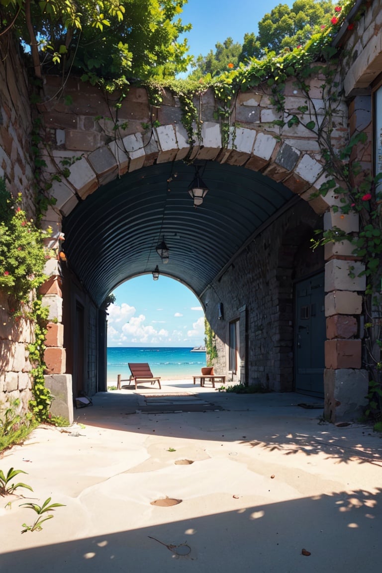 cuscini sull'erba nel cortile, in un ambiente fronte mare, Mantra Rendering, vicino alla spiaggia, Paesaggio urbano tropicale all'aperto, Un rendering fotorealistico, Spiaggia, con palme sullo sfondo, Vera immagine realistica, Paradiso sullo sfondo, Rendering realistico, A iperrealista, rendering sbalorditivo, rendering digitale, rendering fisico realistico, di Jakob Gauermann