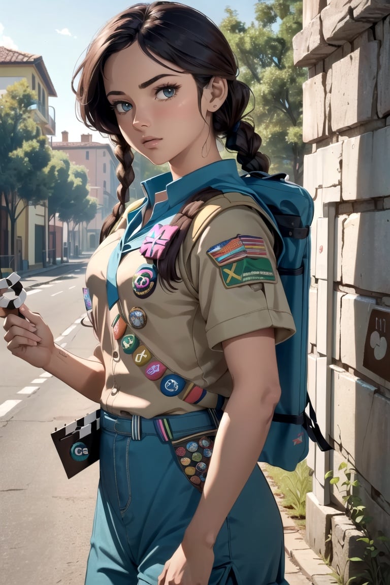 Capolavoro:1.4, 4k altamente dettagliato, ((ray tracing)), arte 2D, (\personaggio dei cartoni animati:0.9), (((girl scout))), (film della giungla:1.5), uniforme da girl scout, (Giungla amazzonica:1.3)