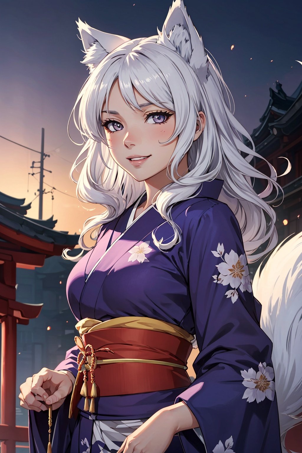 a happy beautiful white-haired anime wolf girl wearing purple kimono, wavy hair, anime, beautiful face, portrait, soft lighting, blur, flare, detailed accessories, graceful pose, detailed face, detailed kimono, detailed Japanese building background, hyperdetailed, masterpiece, 4k, 8k, trending on pixiv,