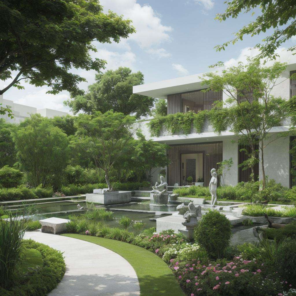 ((Best quality)),((masterpiece)),((realistic)),modern villa courtyard landscape design,luxuriant plant,fresh flower,