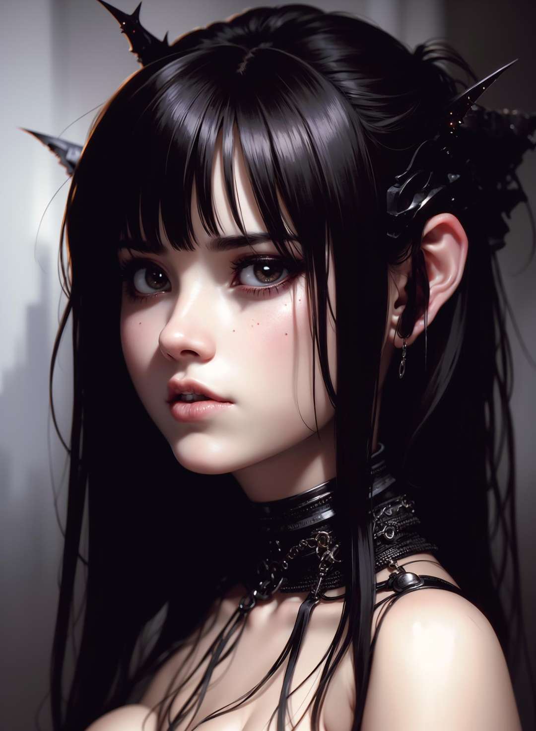 a goth girl, portrait, upper body, horror vibe, by Luis Royo