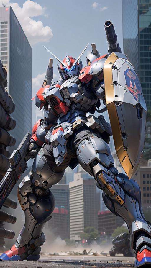 mecha robot, no humans,mecha armor,full armor, (grey silver color scheme:1.2),glowing blue eyes,city,(full body:1.2),clenched hand,mecha musume, mechanical parts, robot joints,(huge shield:1.2),best quality, masterpiece, highly detailed, ultra-detailed,(battle-ready:1.2),(powerful stance:1.3),(Detailed eye description:1.2),(huge mechanical weapon:1.3),(detailed armor description:1.2),(detailed shield description:1.2),(detailed weapon description:1.2),(huge mechanical gun:1.2),(holding gun and weapon :1.3)<lora:srd_v2_5_u:0.8>