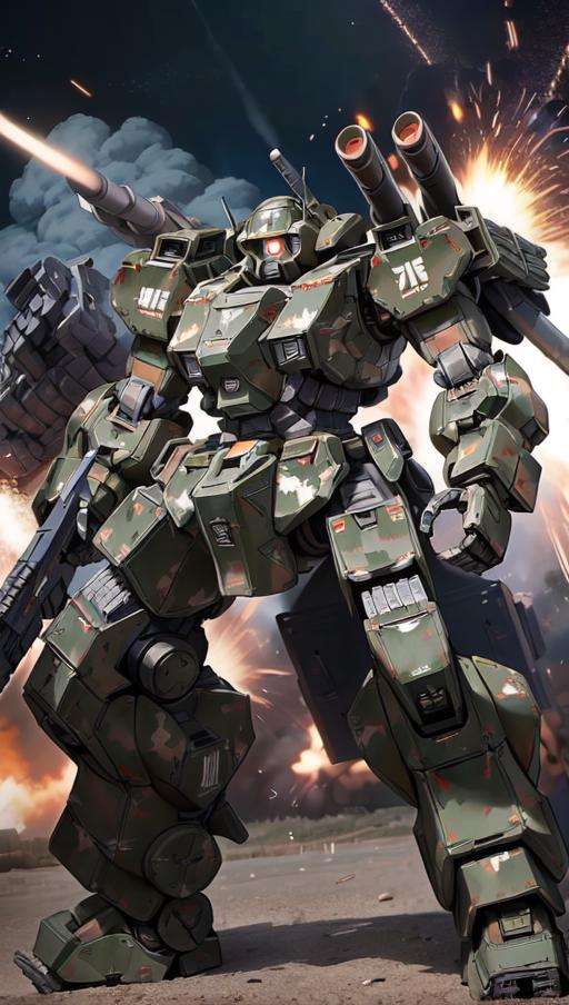 ((masterpiece)),(MRS:1.5), a (((heavy mech))) with massive and  strong design, glowing eyes, full body, highly detailed,(heroic parts:0.5),(military parts:1.5), (dynamic pose:1.2),(highly detailed full armor:1.2), (battlefield:1.2), explosion, stray bullet,<lora:srd_v2_5:0.8>