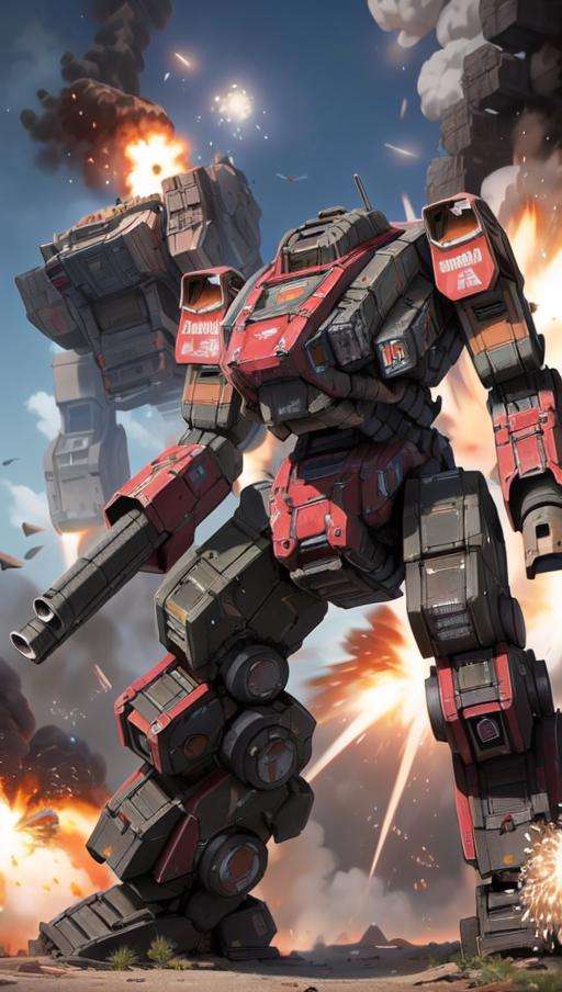 (BATTLETECH:1.5),(MRS),((Best quality)), ((masterpiece)), ((realistic)), Imagine an epic and visually stunning scene from the world of Titanfall, where the battlefield is engulfed in a massive war. Towering Titans dominate the landscape, their imposing presence radiating power and strength. These colossal mechas unleash devastating firepower, their movements synchronized with the skillful pilots who command them. Explosions and gunfire fill the air, creating a chaotic yet awe-inspiring atmosphere. The attention to detail in the Titans' design and the seamless integration between pilots and machines evoke a sense of realism and immersion. This masterpiece captures the essence of Titanfall, immersing viewers in a world where the clash of Titans shapes the destiny of the battlefield a heavy mech, hard surface, hawken, sci-fi, battlefield, explosion, stray bullet,<lora:srd_v2_5:0.8>