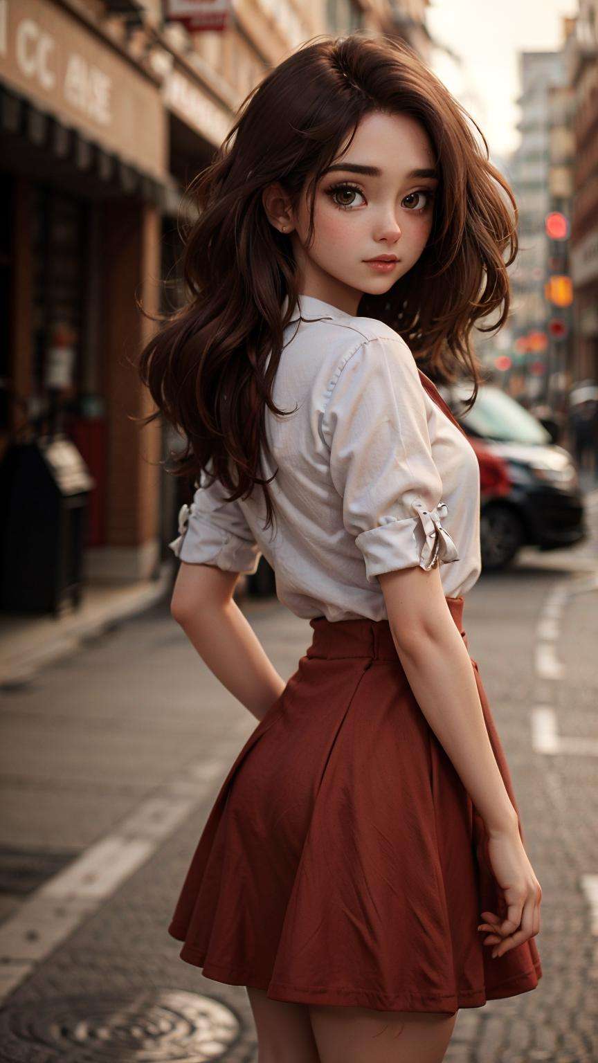 1girl, full body, eye contact, bokeh background, brown hair, red skirt,back long hair,  <lora:copax_charm_eu:0.6>