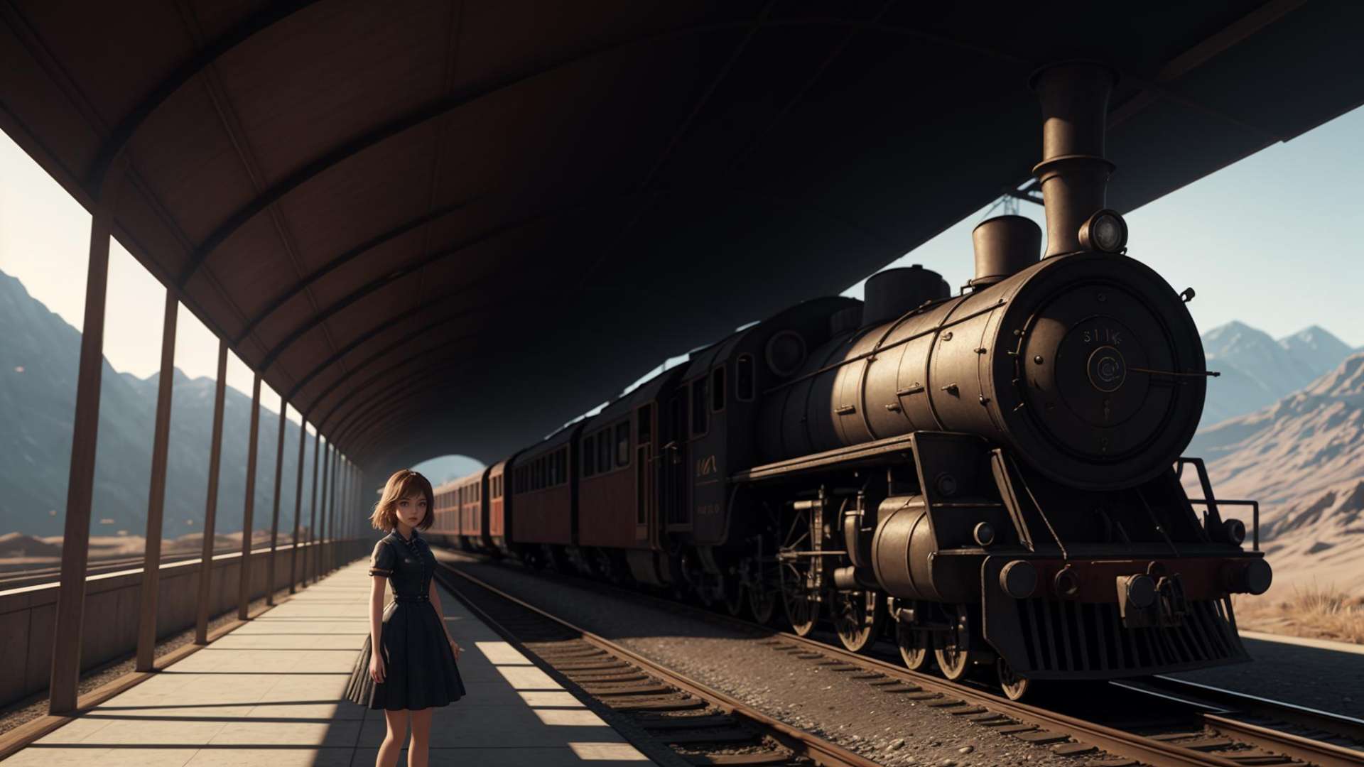 1girl, cinematic style, retro style, train background,, masterpiece,ultra realistic,32k,extremely detailed CG unity 8k wallpaper, best quality, 1 girl,