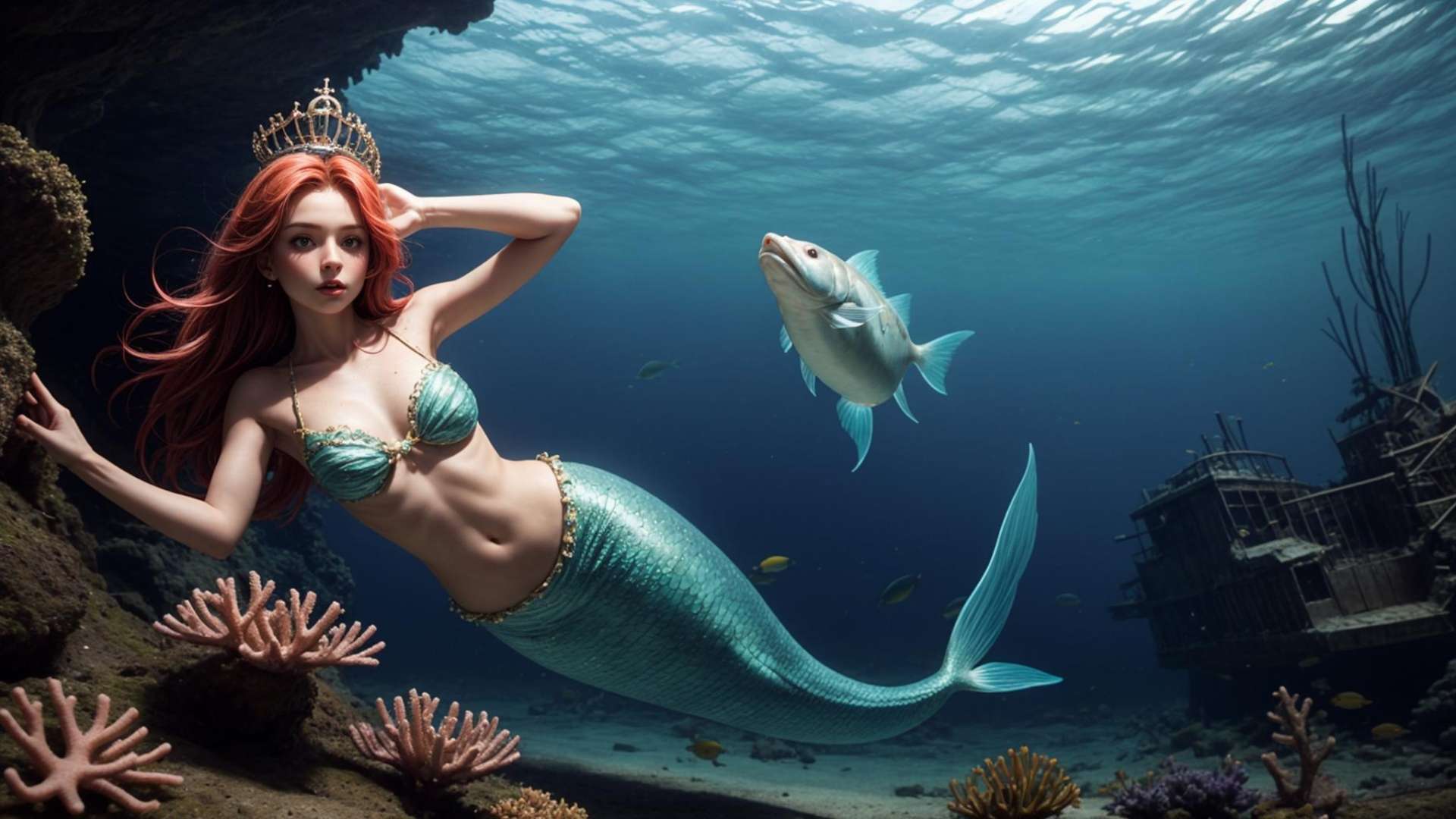 Mermaid, solo, (detailed skin), [freckles], long hair, red hair,crown, BREAK coral, fish, algae, broken shipwreck, BREAK jellyfish, fluorescent, dynamic pose