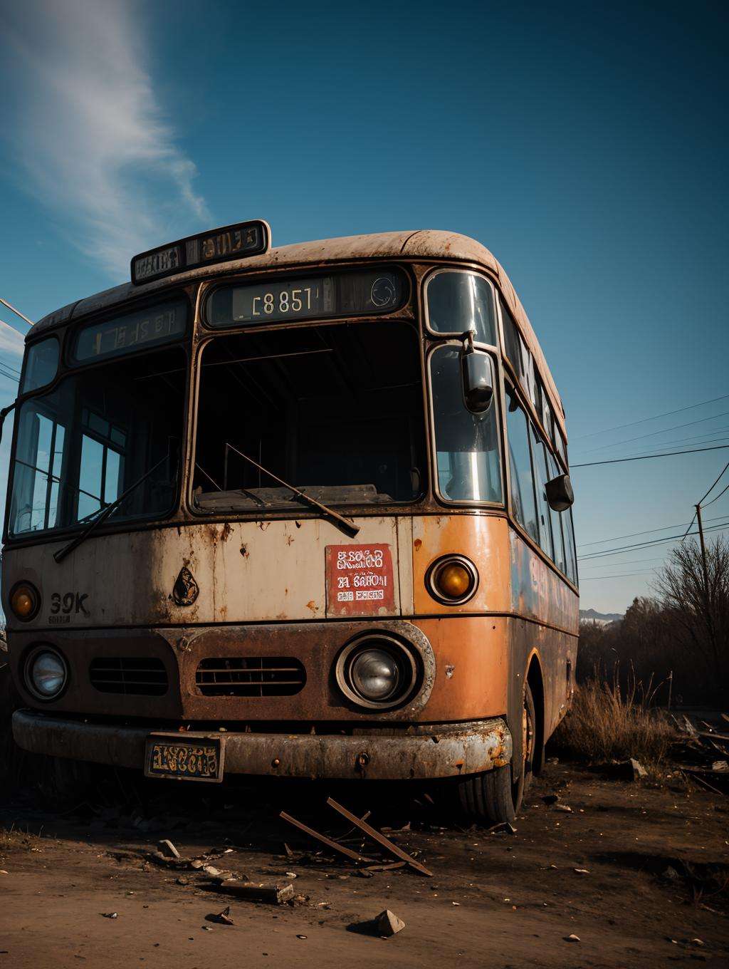 postapocalypse, photo of wrecked old bus, natural lighting, 8k uhd, high quality, film grain