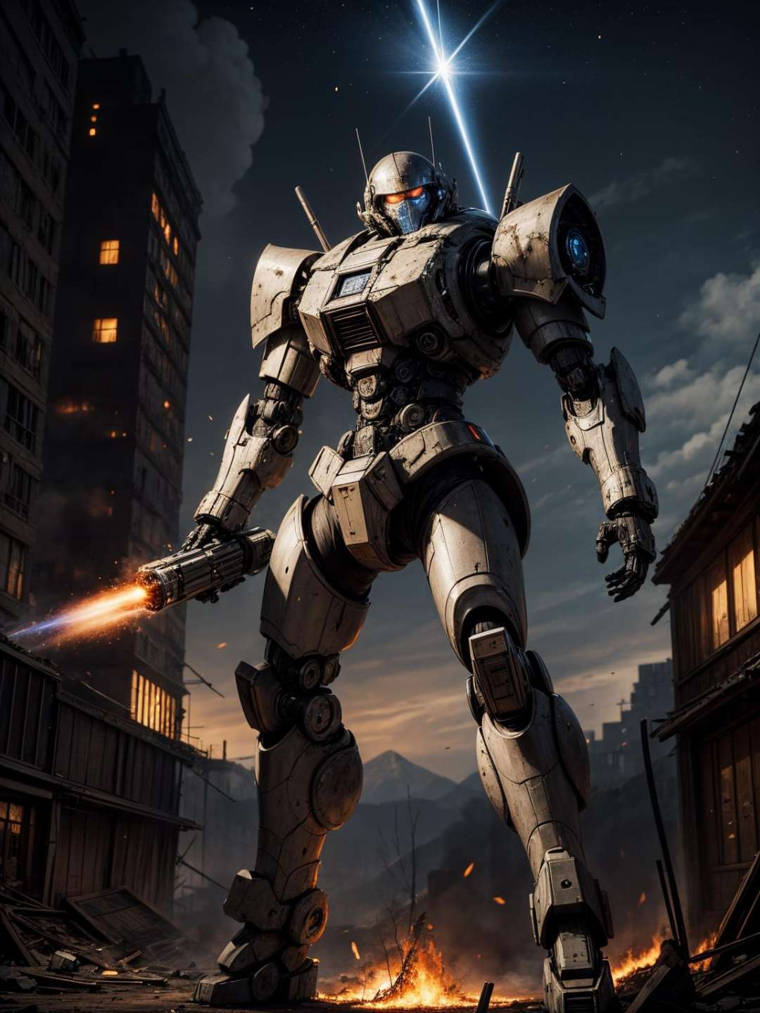 masterpiece, best quality, mecha, no humans, black armor, blue eyes, science fiction, fire, laser canon beam, war, conflict, destroyed city background