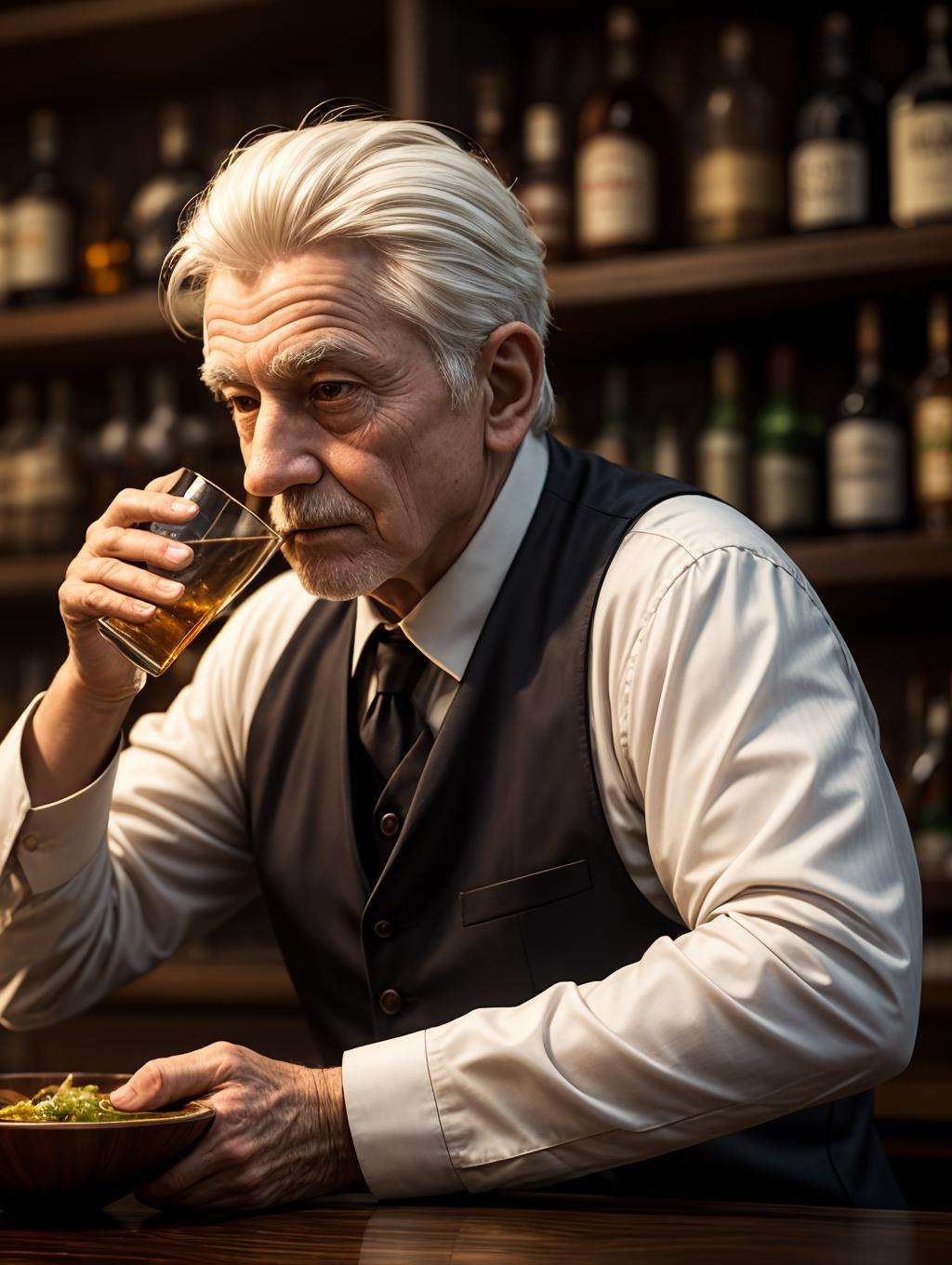 barkeep, 1boy, old, old man, short hair, white hair, drinking glass, bar (place), looking at viewer, fire, bowl, blurry background, depth of field, realistic